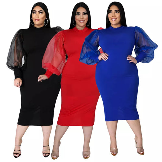 Plus Size Women Dress Transparent Mesh Sleeve